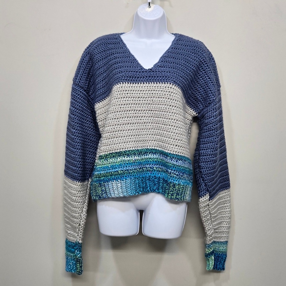 Handmade Crochet Sweater Fits XL‎ Blue Colorblock Cropped Oversized Coastal Boho